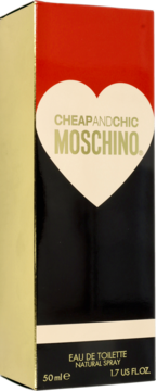 Moschino Cheap & Chic woda toaletowa, czarno-czerwone opakowanie 50ml z beżowym sercem na froncie.
