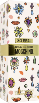 Moschino Cheap and Chic So Real Eau de Toilette box, white with colorful jewel/lip patterns, gold band, front view.