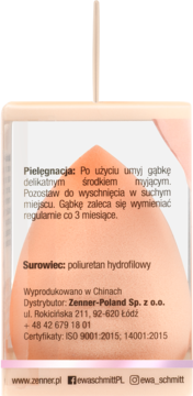 Tył opakowania gąbki do makijażu, widoczne polskie napisy o pielęgnacji, składzie i producencie.