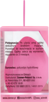 Tył opakowania różowej gąbki do makijażu. Widoczne instrukcje pielęgnacji, surowiec: poliuretan hydrofilowy i dane firmy.