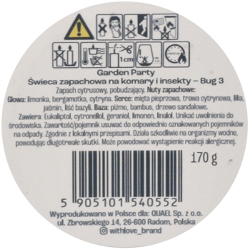 Tył okrągłej etykiety świecy Garden Party Bug 3, 170g, z kodem EAN i składem zapachu cytrusowego.