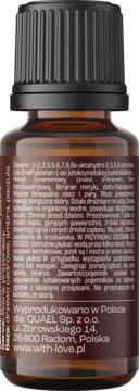 Tył brązowej butelki olejku With Love Koncentracja, z polską etykietą producenta i czarną zakrętką.