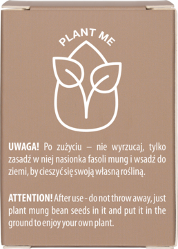 Brązowe biodegradowalne opakowanie gąbki do makijażu z instrukcją posadzenia fasoli mung po użyciu.