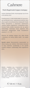 Beżowe opakowanie fluidu Cashmere Długotrwale Kryjąco-Matujący 30 ml, widok z przodu, czytelny tekst.