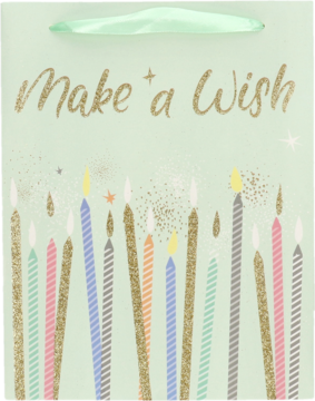 Zielona torba prezentowa z brokatowym napisem "Make a Wish" i wzorem pastelowych świec urodzinowych.