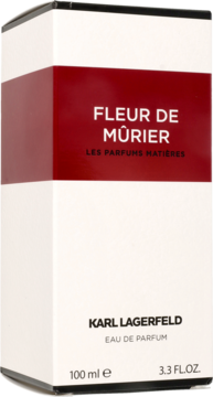 Pudełko perfum Karl Lagerfeld Fleur De Murier EDP w bieli z bordowym paskiem, widoczne pod kątem.