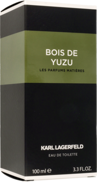 Czarne pudełko perfum Karl Lagerfeld Bois De Yuzu Eau De Toilette, z zieloną górą i białym tekstem, widok z przodu.