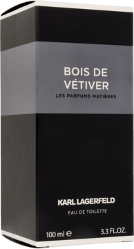 Czarno-szare pudełko Karl Lagerfeld Bois de Vétiver EDT 100ml, widok pod lekkim kątem, z białym napisem.