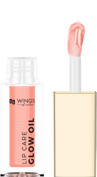 Pielęgnujący olejek do ust Glow Oil Peach Wings of Color, butelka i aplikator z płynem, widok z przodu.