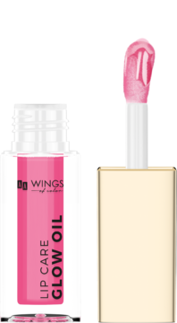 Pielęgnujący olejek do ust Wings of Color Glow Oil w odcieniu Cherry, butelka i aplikator z różowym, błyszczącym płynem.