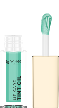 Miętowy olejek do ust Wings of Color Glow Oil 04 Exotic w buteleczce, obok aplikator ze złotą nakrętką.
