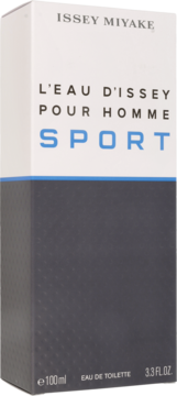 Męska woda toaletowa Issey Miyake L'Eau D'Issey Pour Homme Sport, pudełko biało-szare z niebieskim napisem Sport, widok z przodu.