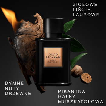 David Beckham Bold Instinct woda perfumowana w czarnej butelce ze złotą etykietą, z nutami drzewnymi i przyprawami.