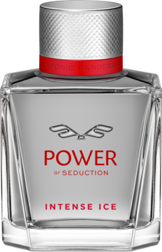 Męska woda toaletowa Banderas Power of Seduction Intense Ice, szklana butelka, czerwone napisy, srebrna nakrętka.