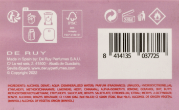 Tył różowego opakowania perfum De Ruy z kodem kreskowym, symbolami recyklingu i listą składników.