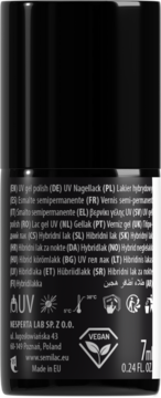 Tył czarnej butelki Semilac UV gel polish, z etykietą w wielu językach i ikonami, 7ml.