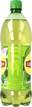Tył zielonej butelki Lipton Green Tea, pasteryzowany napój z ekstraktem, z etykietą i tabelą wartości odżywczych.