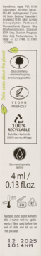 Tył opakowania wegańskiego żelu do laminacji brwi Delia 4 ml, z tekstem i ikonami o recyklingu i dacie ważności.