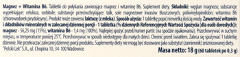 Blurred Polish text on a light background, detailing Magnez + Witamina B6 dietary supplement tablets.