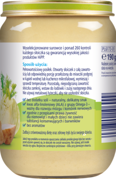 Tył szklanego słoiczka HiPP z potrawką dla niemowląt. Na etykiecie widoczne informacje o składzie: bez soli, z ALA.