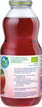 Tył butelki HiPP BIO Herbatka z dzikiej róży, czerwony napój. Etykieta BIO, info "bez cukru", dla niemowląt.