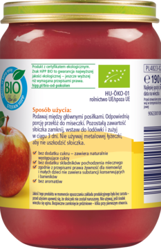 Tył słoiczka HiPP BIO Maliny i jabłka, widoczna etykieta z instrukcją użycia, logo BIO i informacją o braku cukru.