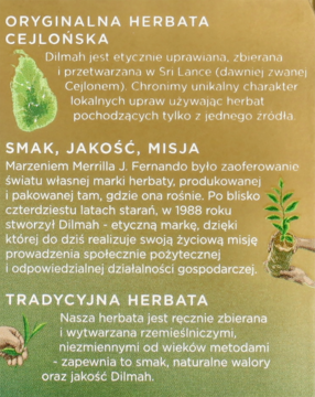 Szczegółowy opis herbaty Dilmah Cejlońskiej na tle gradientu, z grafikami liści herbaty i tekstem o jej pochodzeniu.