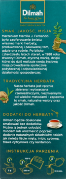 Opakowanie herbaty Dilmah, turkusowy panel boczny z opisem marki, jakości i instrukcją parzenia czarnej herbaty.