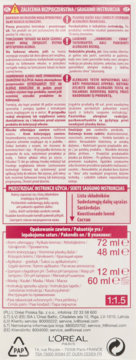 Tył opakowania farby do włosów L'Oréal z instrukcjami, objętością produktów i logo marki.