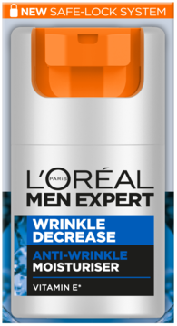 L'Oréal Men Expert Wrinkle Decrease, męski krem nawilżający przeciw zmarszczkom z Vitaminą E, biała butelka.