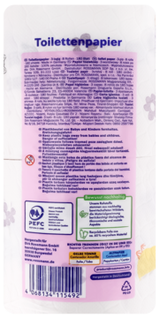 Tył opakowania papieru toaletowego Rossmann, 3-warstwowego, 8 rolek po 180 listków, z informacjami i kodem.