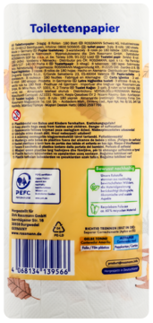 Tył opakowania 3-warstwowego papieru toaletowego Rossmann, 8 rolek, z etykietą, kodem kreskowym i certyfikatami PEFC.