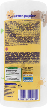 Tył opakowania 3-warstwowego papieru toaletowego. Żółta folia, widoczne informacje, kod kreskowy i logo producenta.