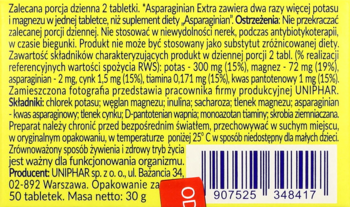 Tył żółtego opakowania Asparaginian Extra z informacjami o składnikach, ostrzeżeniami i kodem kreskowym.