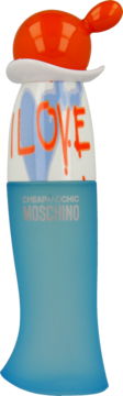 Moschino I Love Love woda toaletowa. Niebiesko-biała butelka z czerwonym napisem "I LOVE!" i pomarańczową nakrętką. Ujęcie z przodu.