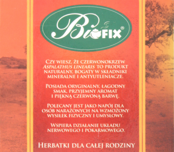 BioFIX Rooibos herbata, czerwono-pomarańczowe opakowanie, widok z przodu, z zielonym logo i opisem w języku polskim.
