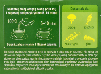 Tył opakowania suplementu diety Verdin fix. Instrukcje zaparzania i ilustracje dań: pierogi, spaghetti, pizza.