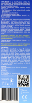 Tył niebiesko-białego opakowania B-Lens, płynu do pielęgnacji soczewek z informacjami i kodem QR.