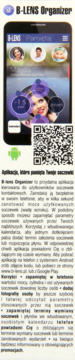 Smartphone z aplikacją B-LENS Organizer, ekran z zarządzaniem soczewkami, moc -1.5, QR kod i logo Android.