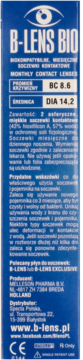 Niebieskie opakowanie soczewek B-LENS BIO, przód pudełka z napisem MONTHLY CONTACT LENSES, BC 8.6, DIA 14.2.