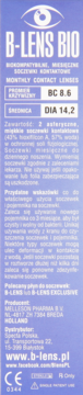 Opakowanie B-LENS BIO, miesięcznych soczewek kontaktowych, jasnoniebieskie, z białym logo oka i danymi BC 8.6, DIA 14.2.