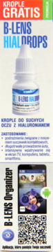 B-LENS Hialdrops, białe krople do suchych oczu z hialuronianem, na reklamowym banerze promocyjnym.