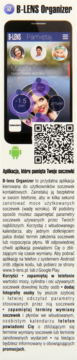 A smartphone displaying the B-LENS Organizer app for contact lenses, with profiles, parameters, QR code, and Android logo.