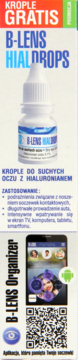 Pionowa reklama kropli B-LENS Hialdrops na suche oczy z hialuronem w białej butelce.