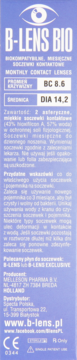 Fioletowe opakowanie B-LENS BIO Monthly Contact Lenses z danymi BC 8.6 i DIA 14.2, widok z przodu.