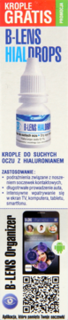 Białe krople do oczu B-LENS Hialdrops GRATIS, buteleczka z zakraplaczem na suchość oczu z hialuronianem, widok z przodu.