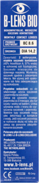Niebieskie opakowanie B-LENS BIO, miesięczne asferyczne soczewki kontaktowe, widok z przodu, z logo oka.