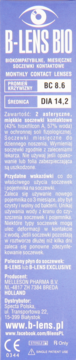 B-LENS BIO miesięczne soczewki kontaktowe, fioletowe opakowanie z białym logo oka i parametrami BC 8.6, DIA 14.2.