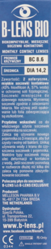 Niebieskie pudełko B-LENS BIO z logo oka i miesięcznymi soczewkami kontaktowymi, przód, dane BC 8.6, DIA 14.2.