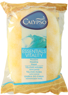 Calypso Essentials Vitality, owalna gąbka kąpielowa w foliowym opakowaniu, rewitalizująca skórę, widok z przodu.